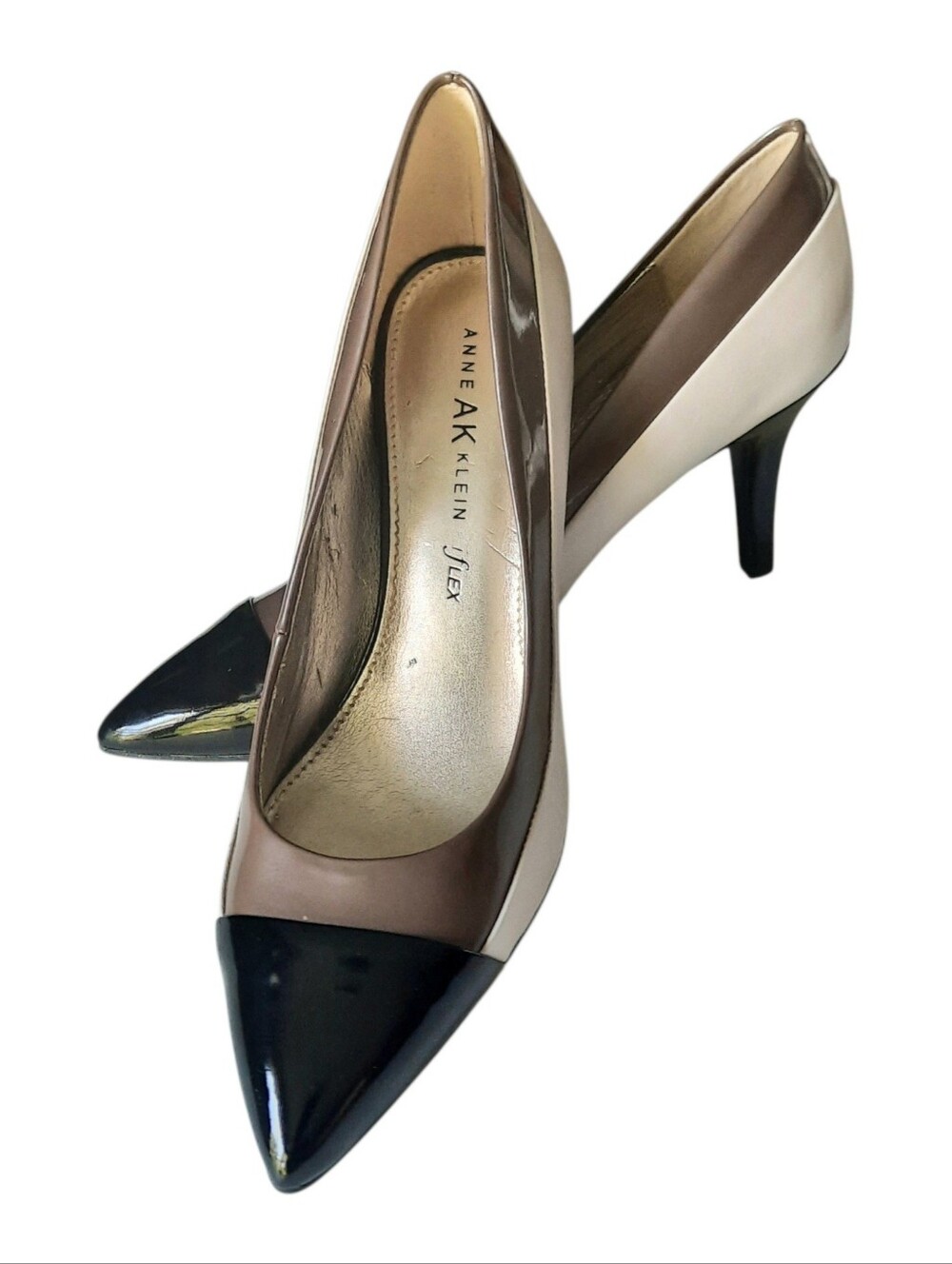 New ANNE KLEIN Yedda Leather Pointed Toe Iflex Pumps Ivory/black/Taupe Sz 7.5